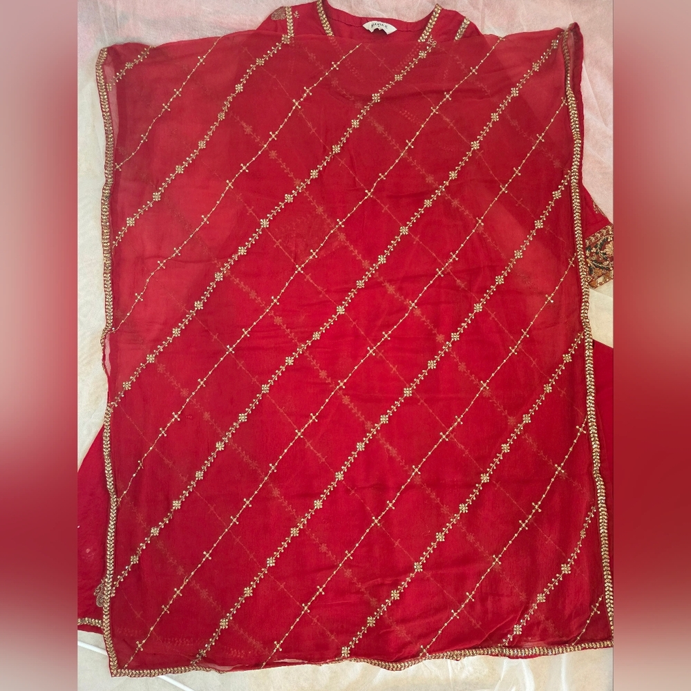 Maria B - Red Embroidered Anarkali 3 Piece Dress - Festive Wear - Pak & Indian - Picture 5 of 6